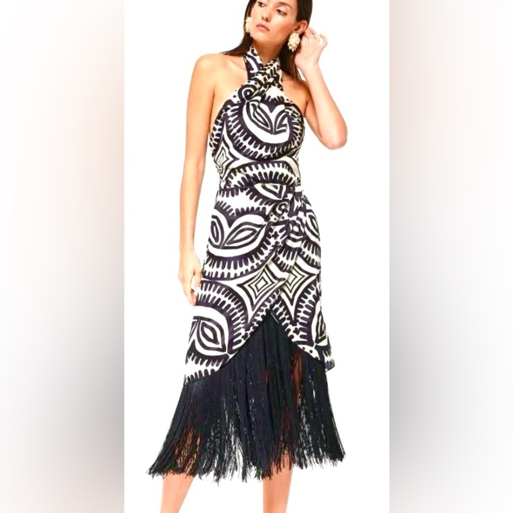 NWT Andres Otalora Zipa Midi‎ Designer Dress ✨Tribal Print Fringe Hem Cocktail
